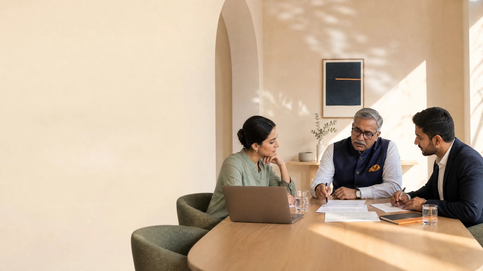 Executive AI working session with a consultant and business owners around a focused strategy table