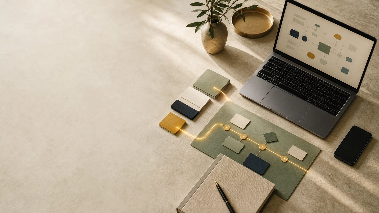 Executive worktable showing a refined workflow planning session with connected physical materials