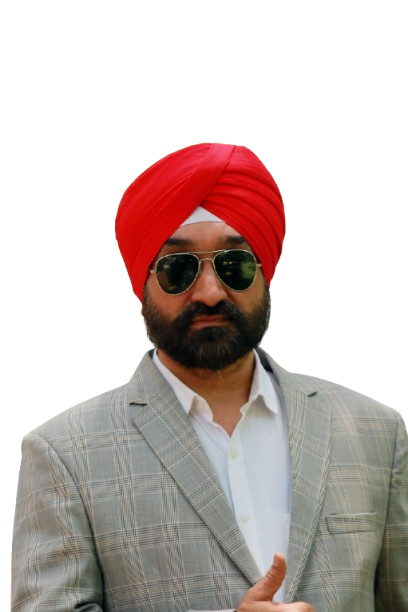 Gurvinder Singh in a grey check suit and red turban