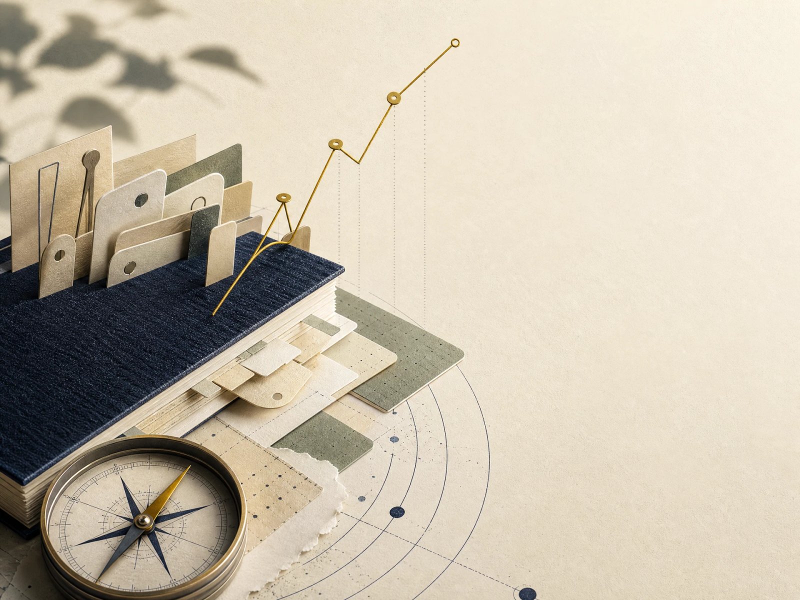 Editorial collage of search markers, a compass, and a rising signal line representing visibility